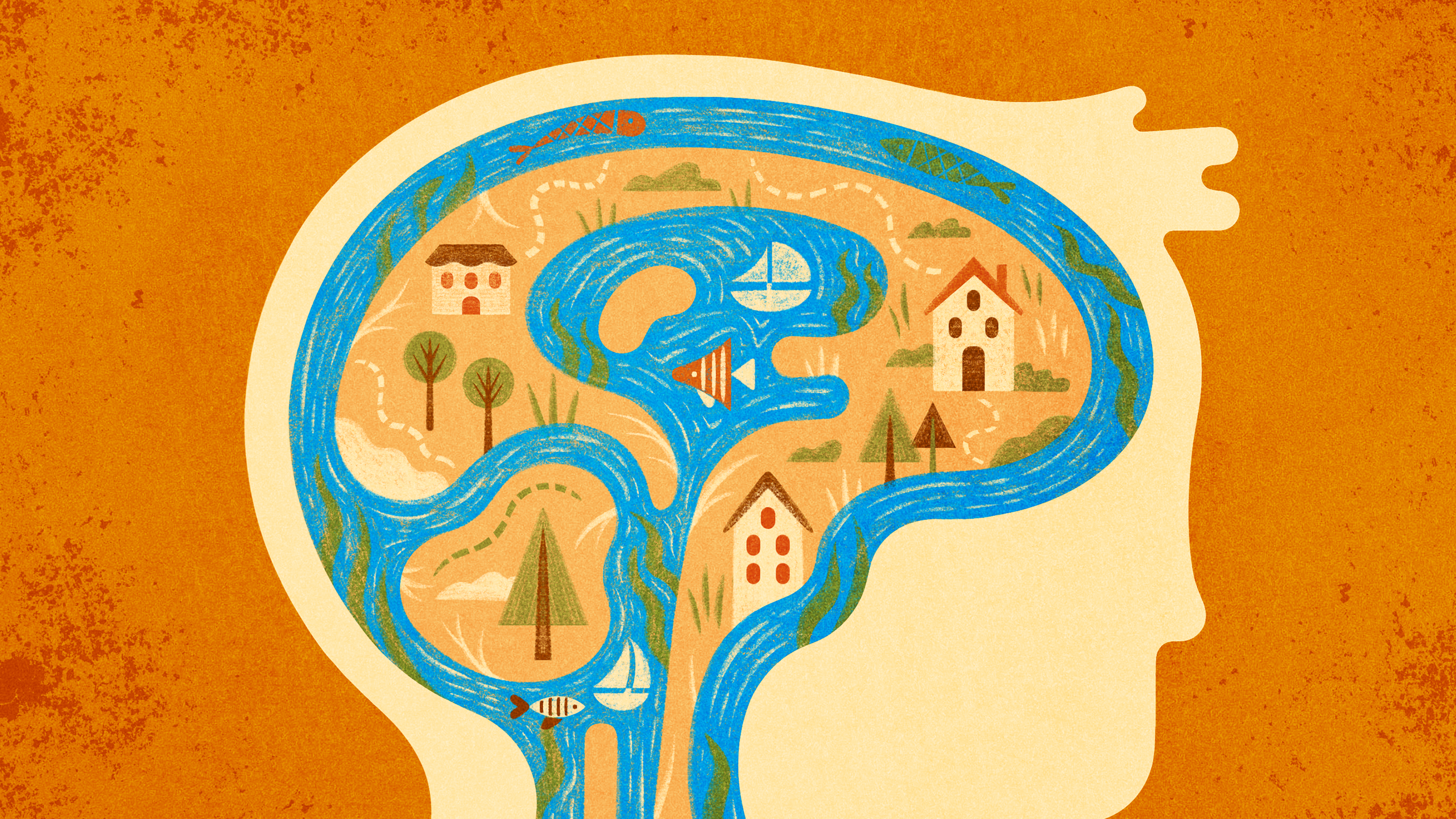 An illustration shows a person’s head that looks like a drawn map. Rushing rivers, standing for cerebrospinal fluid, flow around small islands.